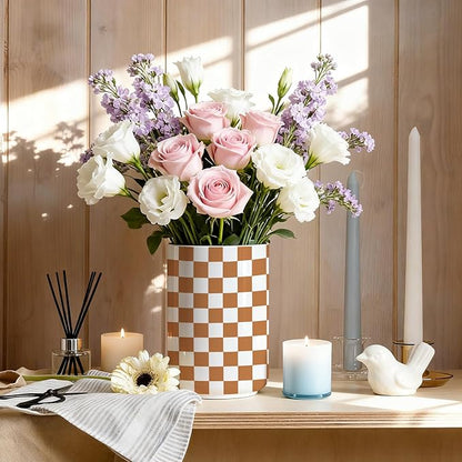 Checkered Utensil Holder,Ceramic Spatula Holder,Countertop Ceramic Utensil Holder,Large Cooking Utensil Crocks for Kitchen Counter Decor,Vase for Kitchen Utensils,H6.3 xD4.7(Brown and white)