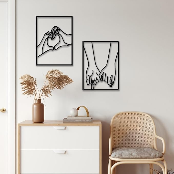 EDCIJB 3 Pcs Minimalist Heart Hands Black Metal Wall Decor Single Line Wall Art Abstract Metal Wall Art Decor for Bedroom Livingroom,Bathroom,Decor for Couples