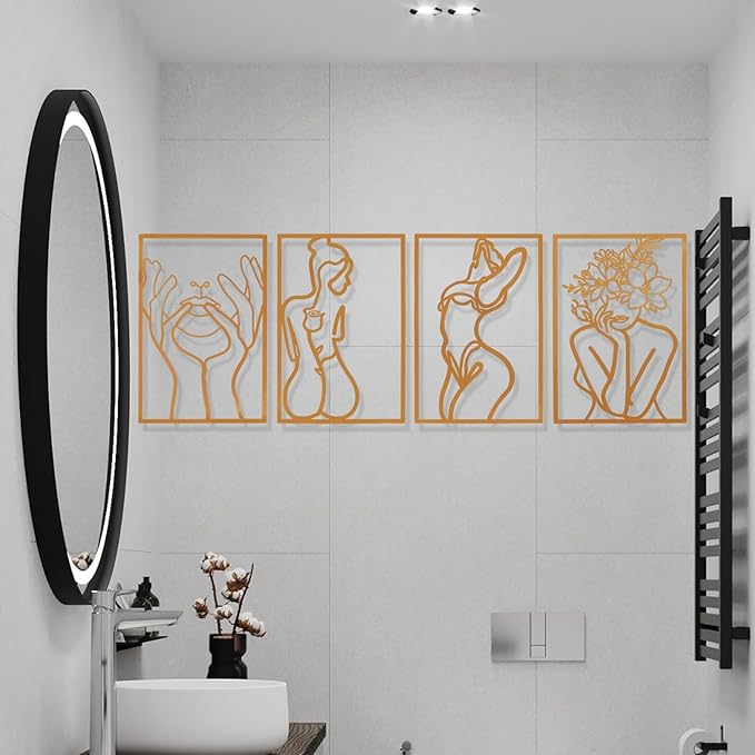 AMAATE Gold Metal Wall Art, 4 Pieces Minimalist Female Body Line Art Sculpture, Hollowed Out Abstract Woman Figure Metal Hanging Decor for Living Room Bedroom Bathroom 14.6" X 22.5" in