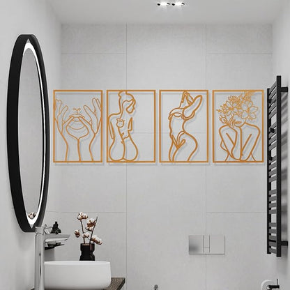 AMAATE Gold Metal Wall Art, 4 Pieces Minimalist Female Body Line Art Sculpture, Hollowed Out Abstract Woman Figure Metal Hanging Decor for Living Room Bedroom Bathroom 11" X 14.6" in