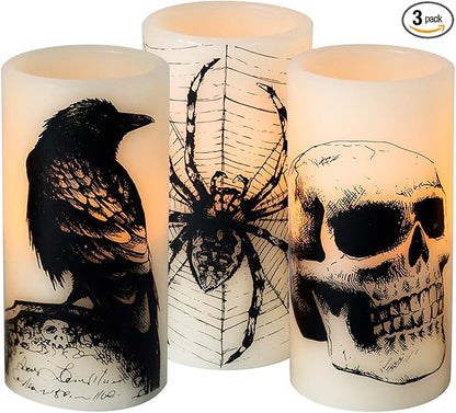 Halloween Flameless Flickering Candles Battery Operated with 6 Hour Timer White Real Wax Spooky LED Pillar Candles Skull Spider Crown Decals Hallloween Indoor Decor(3 x 6 Inches)