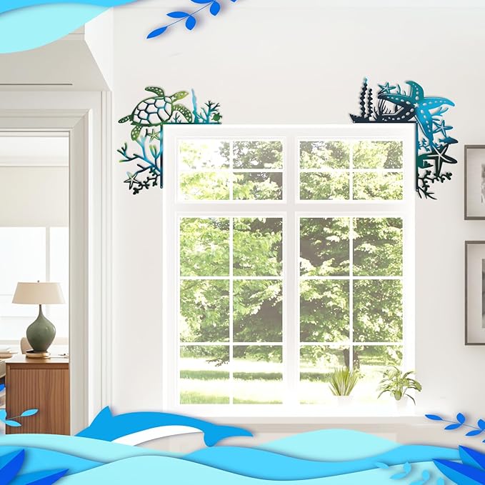 2025 3PCS Ocean Door Frame Decoration Set Metal Turtle Octopus Starfish with Double Sided Silhouette for Window, Door, Shelf, Table, and Corner Sign Home Décor Accent