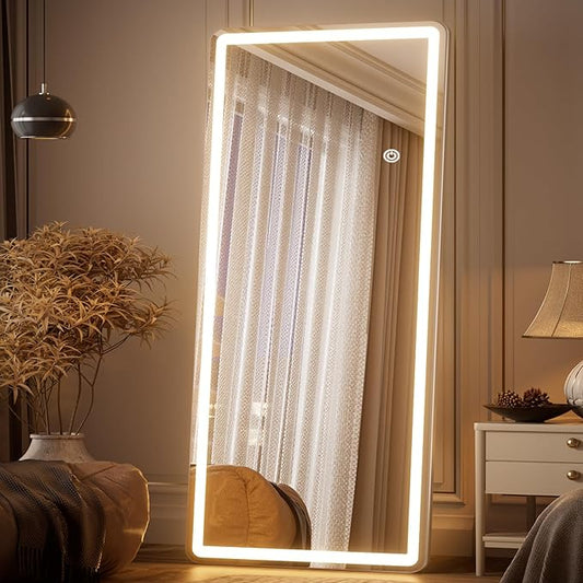 LED Mirror Full Length - 71" x 26" Large Round Corners Floor Full Body Mirror with 3 Color Lights Brightness Adjustable, Standing Leaning for Bedroom, Dressing Room, Cloakroom, White