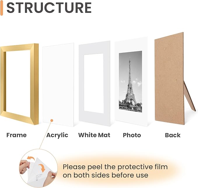 upsimples 8x10 Picture Frame Set of 10, Display Pictures 5x7 with Mat or 8x10 Without, Multi Photo Frames Collage for Wall or Tabletop Display, Gold