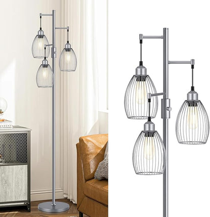 Torondo Dimmable Industrial Floor Lamps for Living Room, Gray Tree Standing Tall Lamps with 3 Elegant Teardrop Cage Head & 800 Lumens LED Bulbs for Bedroom Office