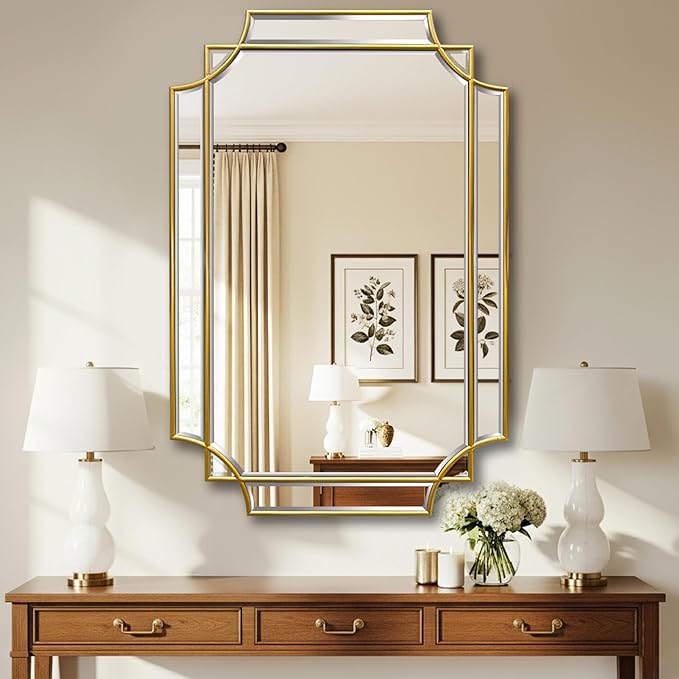 20x30 inch Beveled Gold Mirror for Wall, Gold Traditional Art Decorative Mirror Home Decor for Bathroom Living Room Bedroom Kitchen Entrance