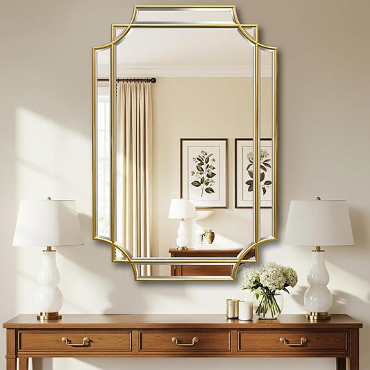 20x30 inch Beveled Gold Mirror for Wall, Gold Traditional Art Decorative Mirror Home Decor for Bathroom Living Room Bedroom Kitchen Entrance