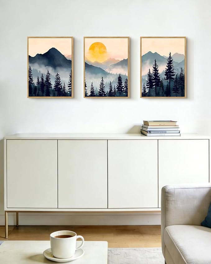 PHOPAGO Blue Fog Pine Tree Mountain Landscape Framed Wall Art Retro Watercolor Nature Misty Forest Artwork Paints Sun Rise Rustic Farmhouse Home Decor - 11x14in Natural Framed