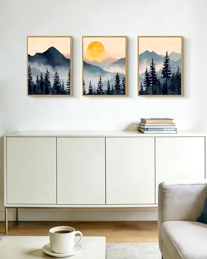 PHOPAGO Blue Fog Pine Tree Mountain Landscape Framed Wall Art Retro Watercolor Nature Misty Forest Artwork Paints Sun Rise Rustic Farmhouse Home Decor - 11x14in Natural Framed