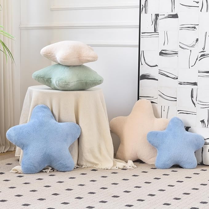Star Pillow, Decorative Throw Pillows for Bed Couch, 15" Star Shaped Pillow Plush Floor Cushions Room Decor Pillow with Faux Rabbit Fur for Sofa Bedroom Living Room (Grey Blue, 19.6" x 19.6")