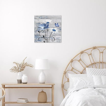 HVEST Farmhouse Blue Floral Wall Art for Living Room, Blue and White Daisy Butterfly on Rustic Wood Canvas Wall Art Nature Flower Pictures for Bathroom Bedroom Apartment Wall Decor,12L X 12W inches
