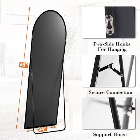 Sweetcrispy 65"x24" Arched Full Length Mirror, Full Body Mirror with Aluminum Alloy Thin Frame, Leaning or Standing, Suitable for Bedroom, Livingroom, Cloakroom, Black