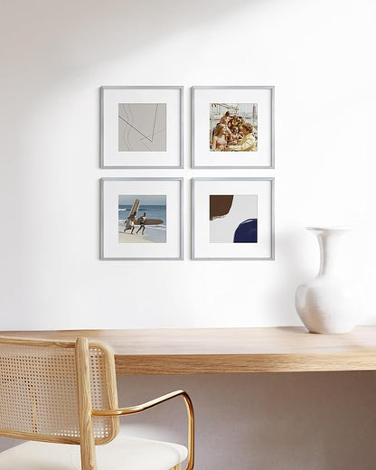 HAUS AND HUES 12x12 Silver Metal Picture Frames Matted to 8x8 - Premium Aluminum with Hanging Hardware, Shatterproof Plexiglass - Ideal for Home or Office (12x12 in, Silver, Set of 4)
