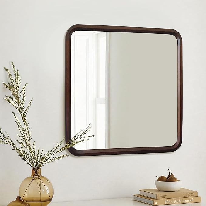 Wood Bathroom Mirror for Wall,Rectangle 30 x 30 inch Hanging Vanity Brown Tempered Mirrors with Rounded Corner for Living Room,Bedroom,Entryway