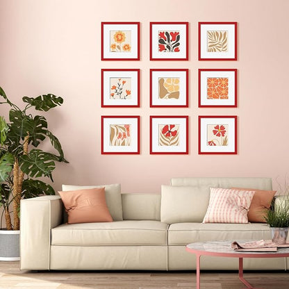 YESKAY 12x12 Picture Frame Set of 9, Photo Gallery Wall Frame Set, Display Pictures 8x8 with Mat or 12 x 12 Without Mat, Square Frame Picture Frames Collage Wall Decor, Red