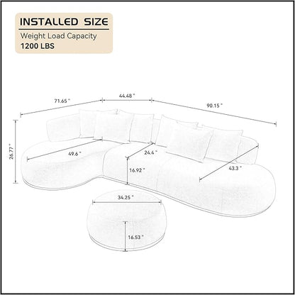 WILLIAMSPACE 134.63" Oversize Curved Sofa Cloud Couch with Round Chaise & Ottoman, Modern Upholstered Curved Sectional Sofa Couch with 6 Pillows for Living Room, No Assembly (Left-Facing,Orange)