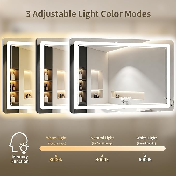 30"x50" LED Bathroom Mirror with Lights, Backlit + Front Lit, Anti-Fog, Lighted Bathroom Mirror for Wall, HD Shatterproof Tempered Glass, Dimmable, Memory Function (Horizontal/Vertical)