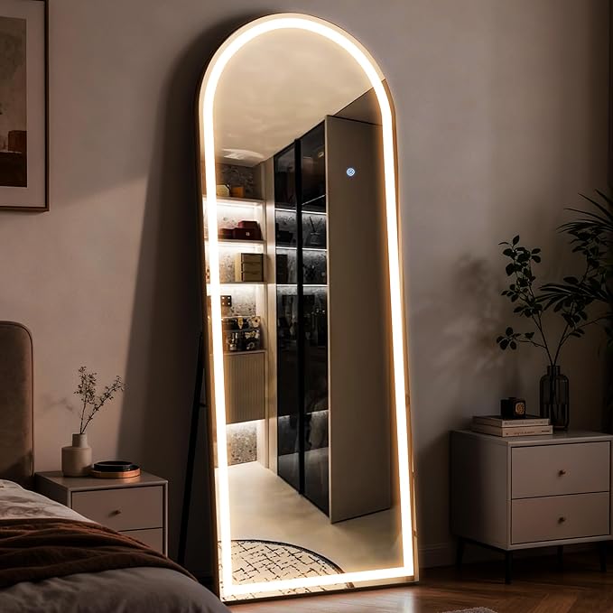 Arched LED Mirror Full Length - 64" x 21" Large Arch Floor Full Body Mirror with 3 Color Lights Brightness Adjustable, Standing Leaning for Bedroom, Dressing Room, Cloakroom, White