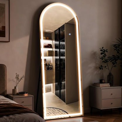 Arched LED Mirror Full Length - 64" x 21" Large Arch Floor Full Body Mirror with 3 Color Lights Brightness Adjustable, Standing Leaning for Bedroom, Dressing Room, Cloakroom, White
