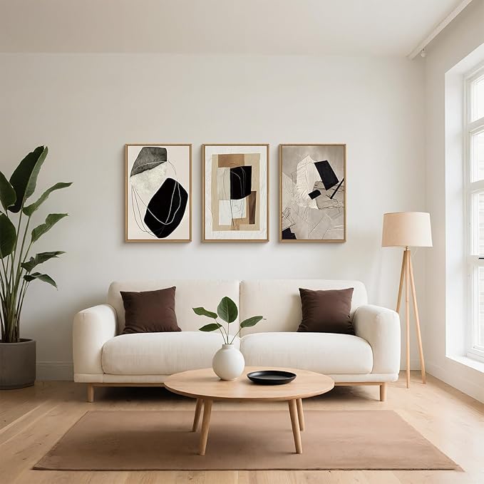 Abstract Modern Geometric Framed Canvas Wall Art Set,Neutral Tone Beige Black Brown Wall Decor,Minimalist Textured Line Shape Artwork for Living Room, Bedroom,Farmhouse-24 x36 x3