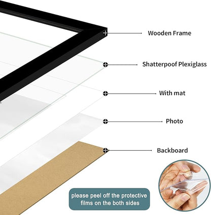 iRahmen 20x28 Picture Frame Set of 2 with Plexiglass, Black Wood Poster Frame for Wall Mounting Display 16x24 Picture with Mat or 20 x 28 Without Mat