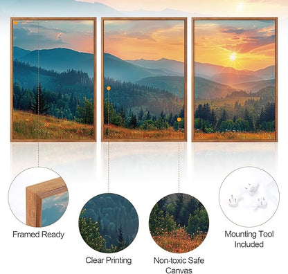 Aurlan Boho Mountain Sunset Landscape Framed Wall Art(24"x36"), 3PCS Green Blue Ridge Grand Teton National Park Canvas Artwork, Abstract Modern Watercolor Nature Forest Scenery Decor for Home Office Bedroom