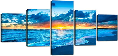 Yatsen Bridge Blue Beach Ocean Sunrise Modern Landscape Seascape Painting on Canvas 5 Piece Pictures Wall Art for Living Room Home Decor Wooden Framed Stretched Ready to Hang (50''W x 24''H)