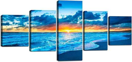 Yatsen Bridge Blue Beach Ocean Sunrise Modern Landscape Seascape Painting on Canvas 5 Piece Pictures Wall Art for Living Room Home Decor Wooden Framed Stretched Ready to Hang (50''W x 24''H)
