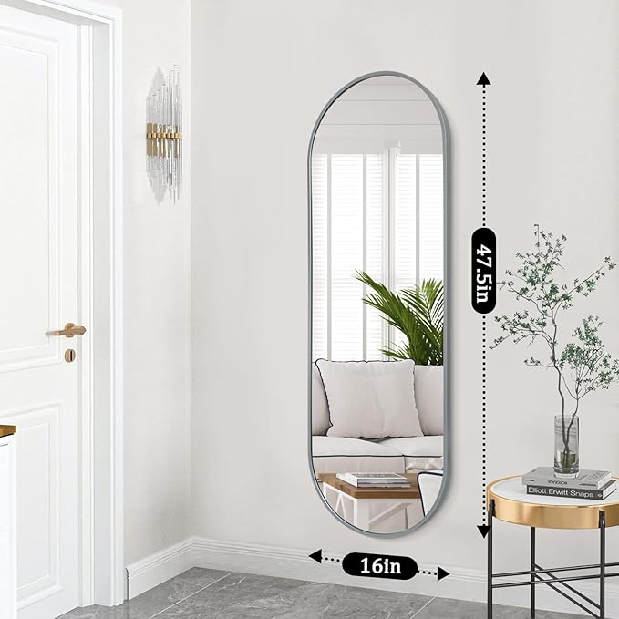 JJUUYOU Full Length Mirror Oval Wall Mounted Mirror 48"x16" Door Mirrors Full Length with Aluminum Frame Mirrors for Bathroom Living Room Bedroom Entryway