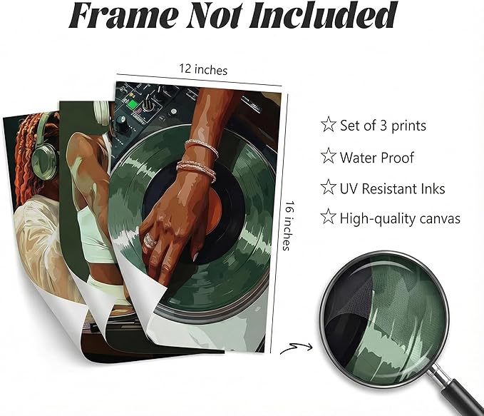 3pcs Trendy Black Girly Dj Canvas Wall Art Fashion African American Black Women Posters Prints Paintings Muisc Record Wall Decor Pictures for Bedroom Living Room Decoration Unframed