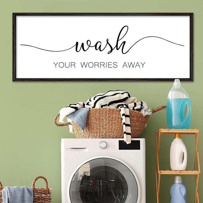 Wash Your Worries Away Sign Funny Laundry Room Wall Decor 32"×12" Rustic Bathroom Large Wooden Framed Wall Hanging Art (Black)