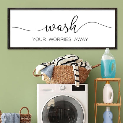 Wash Your Worries Away Sign Funny Laundry Room Wall Decor 40"×15" Rustic Bathroom Large Wooden Framed Wall Hanging Art (Black)