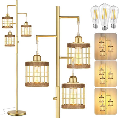 QiMH Industrial Floor Lamps for Living Room, Tree Standing Lamp with Stepless Dimmable, 68" Tall Lamps for Bedroom Study, 3 LED Bulbs Included, Gold