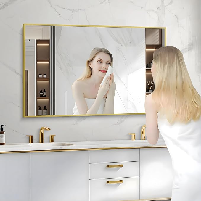 COFENY Gold Bathroom Mirror for Wall, 30x48 Inch Rectangle Mirrors with Metal Frame, Modern Vanity Wall Mirror Decor for Bathroom Living Room, Entryway Hangs Horizontal or Vertical