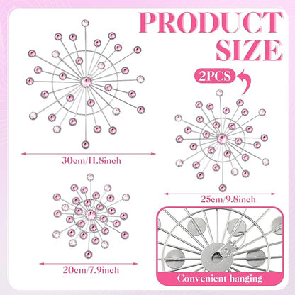 Blulu 4 Pcs Pink Metal Wall Decor Bling Crystal Wall Art Cast Iron Rhinestones Sunburst Decor Starburst Art Hanging Diamond Accents Decorative for Living Room Bedroom Entryway