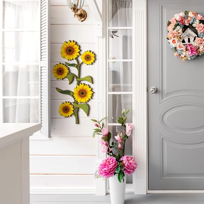 Ferraycle Wooden Sunflower Wall Decor Hanging Sunflower Outdoor Decor Rustic Flower Wall Art Yellow Large Farmhouse Signs for Indoor Bathroom Porch Patio Bedroom Accessories (Flower,Wood)