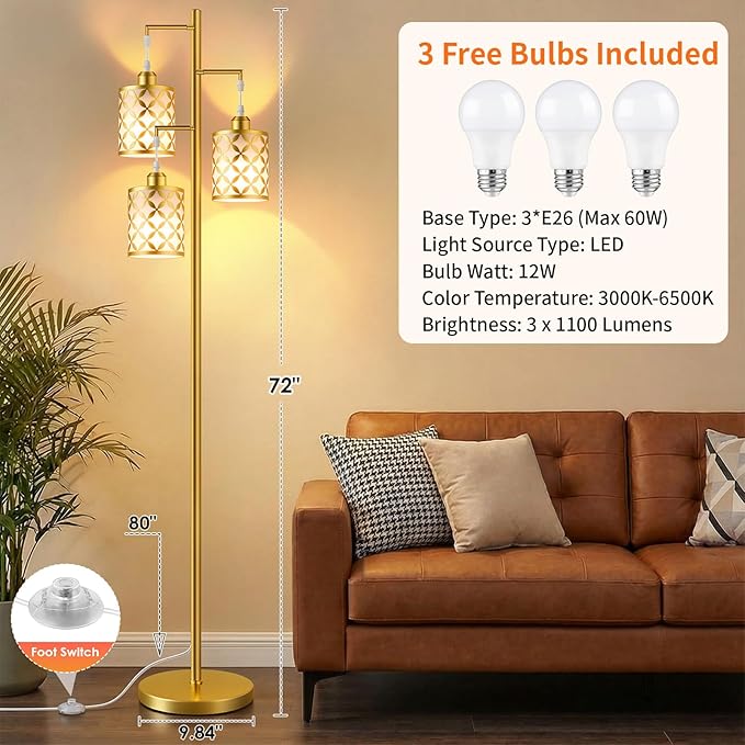 Dimmable Floor Lamp, Farmhouse Standing Lamp with Elegant Metal Cage, Industrial Tall Tree Floor Lamps for Living Room, Bedroom, Study Room, Office, 3 x 1100LM LED Bulbs Included, 72", Gold