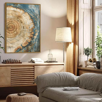 BingruiArt Large Framed Tree Ring Wall Art Wood Canvas Green Boho Wall Decor Rustic Artwork Abstract Painting Farmhouse Picture Nature Print for Living Room Bedroom Bathroom 24"x36" Natural Framed(08)