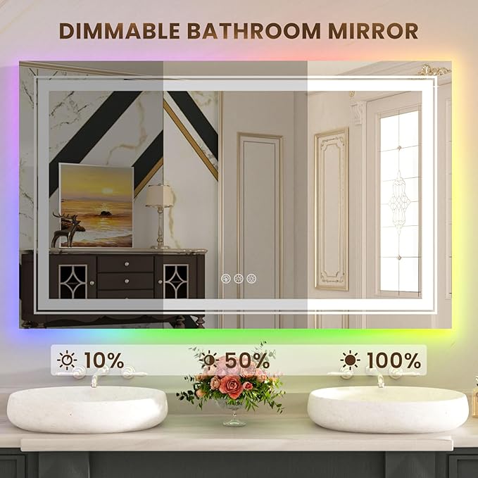 WTTY LED Bathroom Mirror 55"x36" with RGB Backlit and Front Light,Stepless Dimmable LED Mirror for Bathroom,Colored Lighted Bathroom Vanity Mirror,Anti-Fog,Memory Function,Shatter-Proof