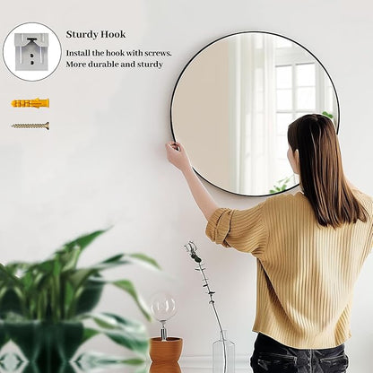 Sunniry Round Mirror 28 inch, Round Black Mirror, Circle Bathroom Mirrors Metal Frame, Wall Mounted Circle Mirrors for Bathroom, Living Room, Hallway, Farmhouse.