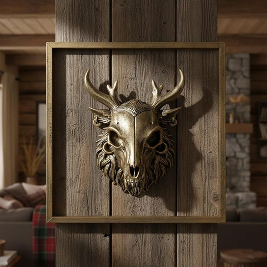 JJALIGHTS Exquisite Resin Animal Head Wall Sculpture (Gift Metal Frame) - Imitation Copper Vintage Decor for Living Room, Bedroom & Office | Decorative Wall Hanging Art (Wendigo)