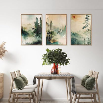 Chinoiserie Nature Framed Canvas Wall Art Set, Mountain and Forest Landscape Painting, Natural Bamboo Pine Tree Lakes Wall Decor for Living Room, Bedroom, Dining Room, Office - 24"x36"x3