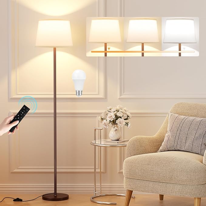 Raexpectis 【Upgraded Floor Lamps for Living Room, Modern Floor Lamp with Remote Control, Dimmable Colors Temperature Standing Lamp Foot Switch, 9W Bulb Tall Lamps for Bedroom Office Kid Room - Brown