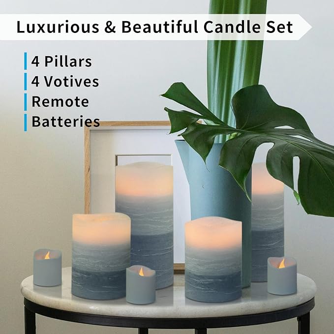 FURORA LIGHTING Blue Ombre Flameless Candles - Real Wax, Adjustable Brightness, Remote & Timer - 4 Pillars (3x4, 3x6) and 4 Votives, 8-Pack, Battery Operated