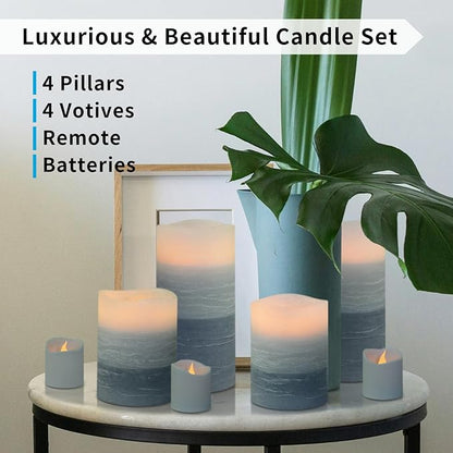FURORA LIGHTING Blue Ombre Flameless Candles - Real Wax, Adjustable Brightness, Remote & Timer - 4 Pillars (3x4, 3x6) and 4 Votives, 8-Pack, Battery Operated