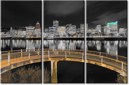 TUMOVO Ortland Oregon Downtown City Skyline Wall Art for Living Room 3 Piece Pedestrian Bridge Along Willamette River at Night Wall Decor Living Room Framed Ready to Hang (60" Wx40 H)