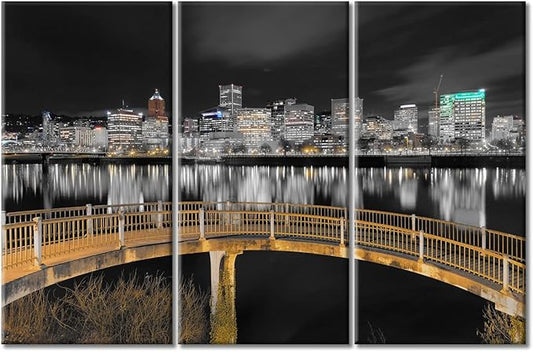 TUMOVO Ortland Oregon Downtown City Skyline Wall Art for Living Room 3 Piece Pedestrian Bridge Along Willamette River at Night Wall Decor Living Room Framed Ready to Hang (60" Wx40 H)