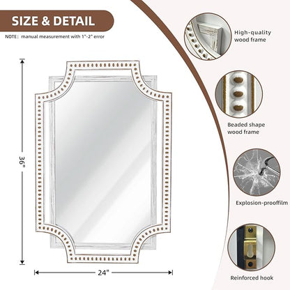 HOITUZYUS 24x36 Inch Rustic Farmhouse Wall Mirror for Bathroom, Boho Wooden Frame Rectangular Mirrors for Fireplace, Entryway, Living Room & Bedroom, Horizontal or Vertical Hanging