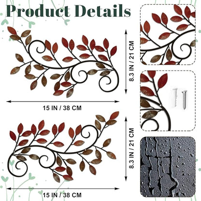 ESTART 2 Pieces Metal Tree Leaf Wall Decor Vine Olive Branch Leaf Wall Art Wrought Iron Scroll Wall Hanging for Above Door, Living Room, Office, Hallway, Indoor and Outdoor Decoration (Retro Red)