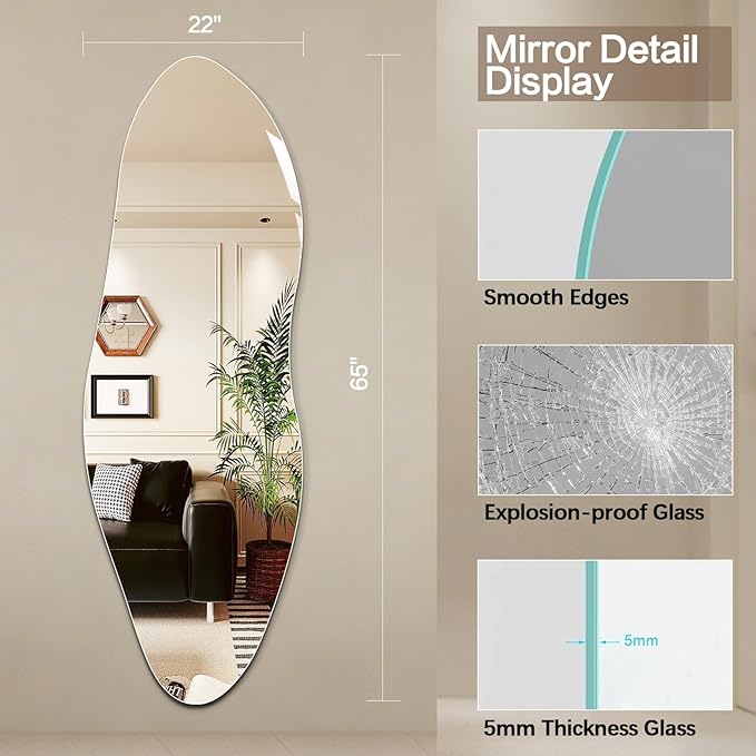 Niccy 65"×22" Frameless Irregular Full Length Mirrors, Long Wall-Mounted Mirror for Living Room, Large Full Body Mirror, Explosion-Proof Tall Hanging-Mirror for Bathroom Bedroom Entryway Decor